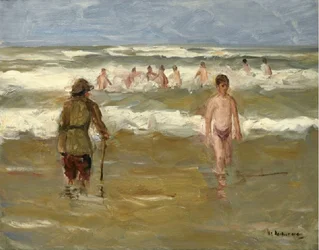 Badende Knaben mit Strandwächter